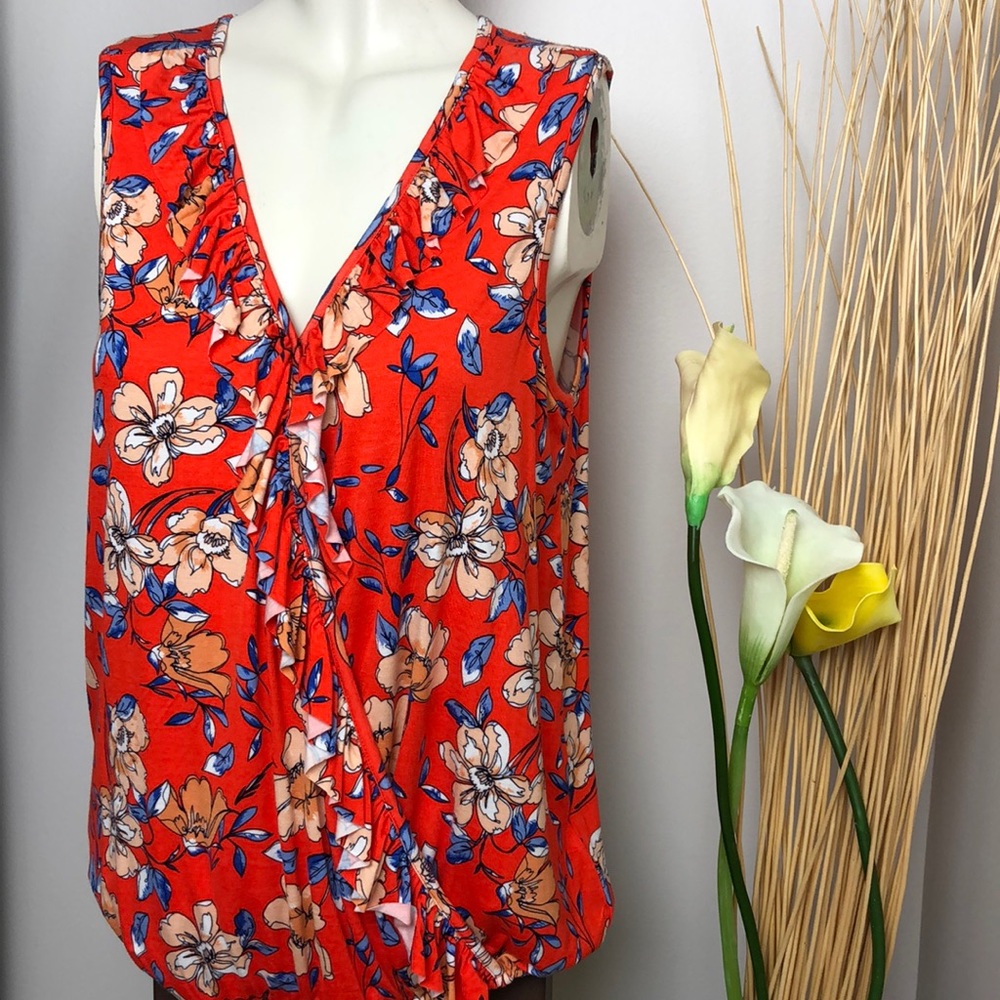 Alkamy Orange Floral Sleeveless Ruffle Top Size M